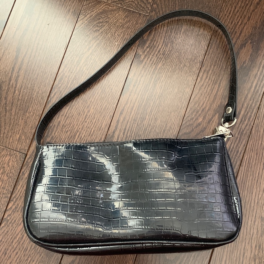 Black Croc-Embossed Shoulder Bag